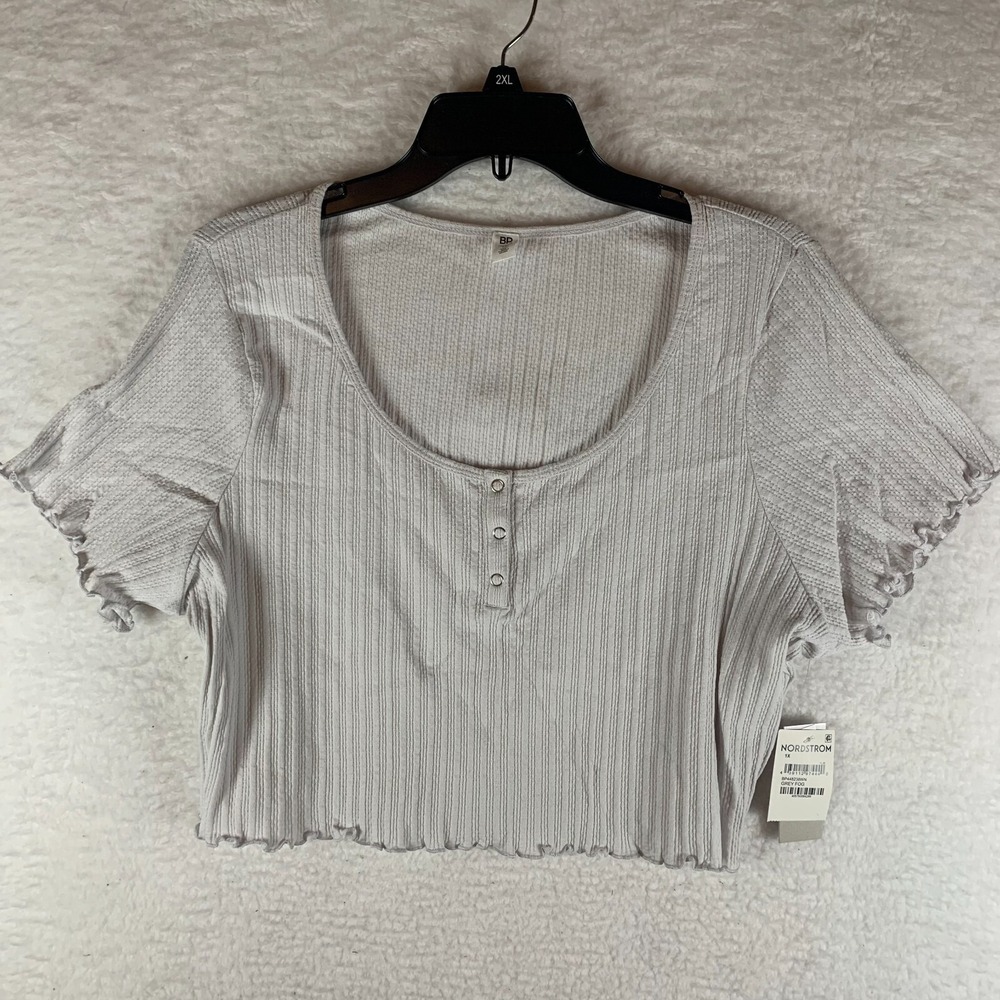BP. Pointelle Rib Crop Henley Women's Plus Size Top Grey Fog Size 1X NWT 6455